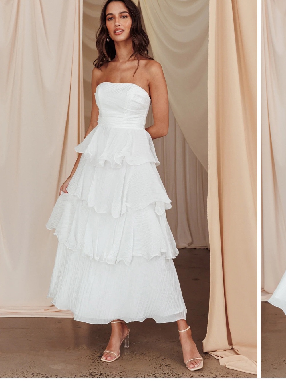 Selfie Leslie White Strapless Tiered Midi Dress